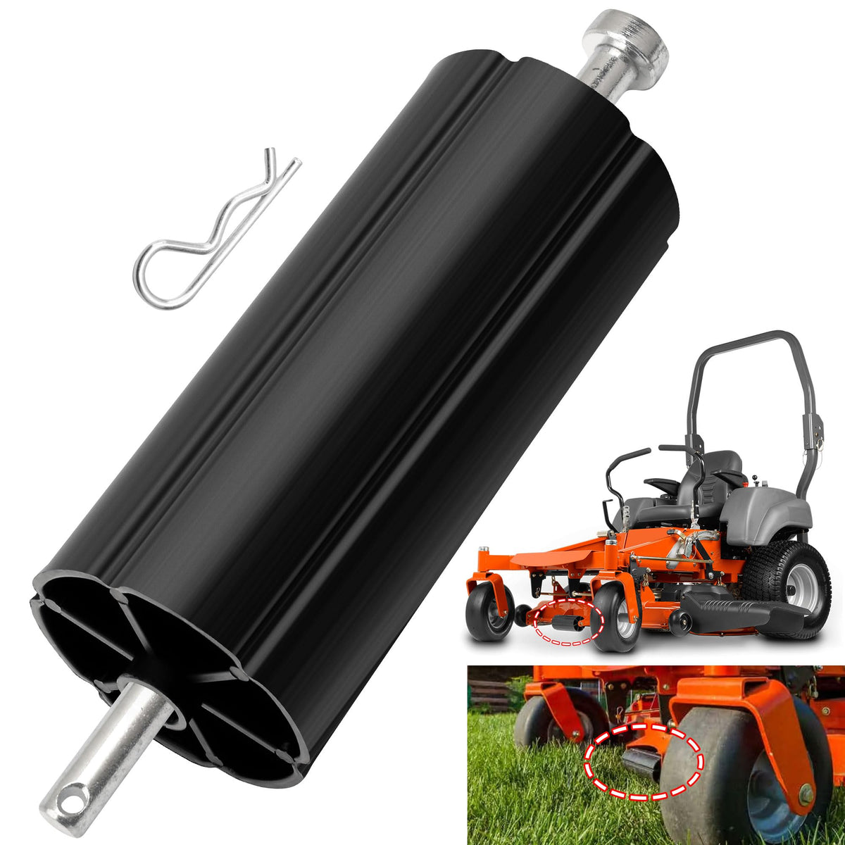 FancyTark deck roller-assembly shows durable construction for mower compatibility.
