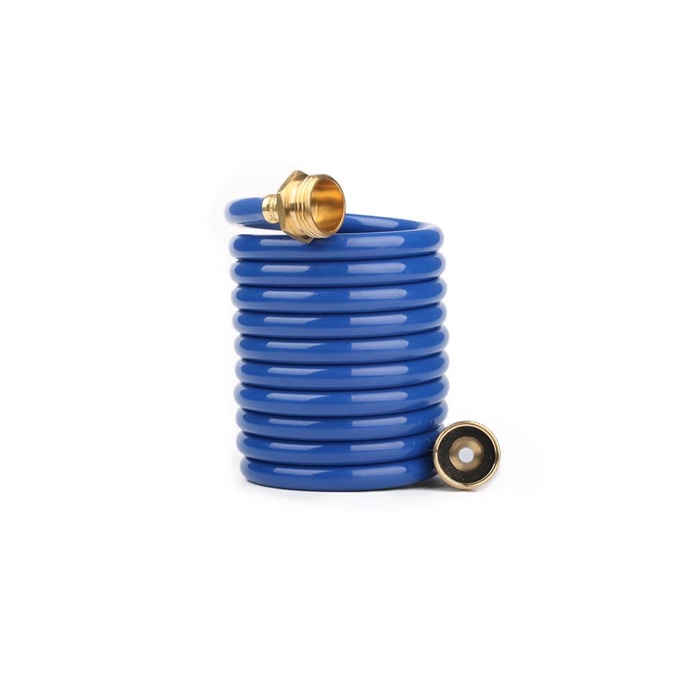 FangFarm 10ft coiled hose with brass connectors for balcony watering.