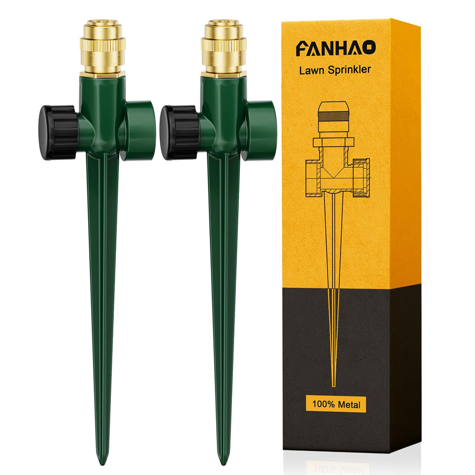 FANHAO 2-pack metal lawn sprinkler with brass head for durable outdoor watering.