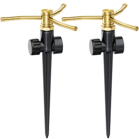FANHAO 2-pack metal lawn sprinklers with spike base for stable irrigation.