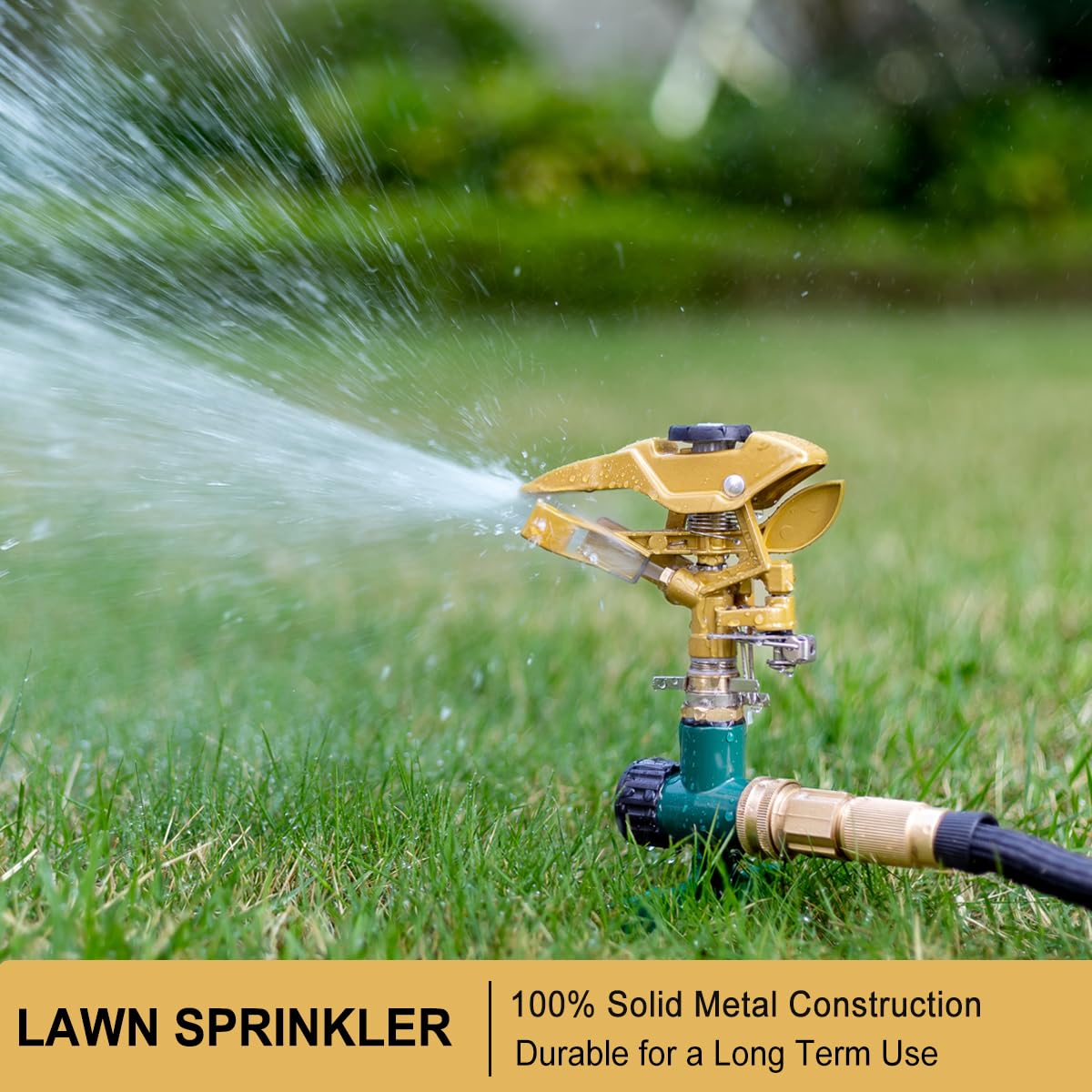 FANHAO 360-degree adjustable spray shows full-circle lawn coverage.