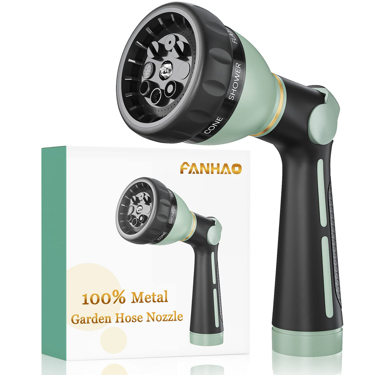 FANHAO garden hose nozzle exterior showcases a durable metal body for lasting outdoor use.
