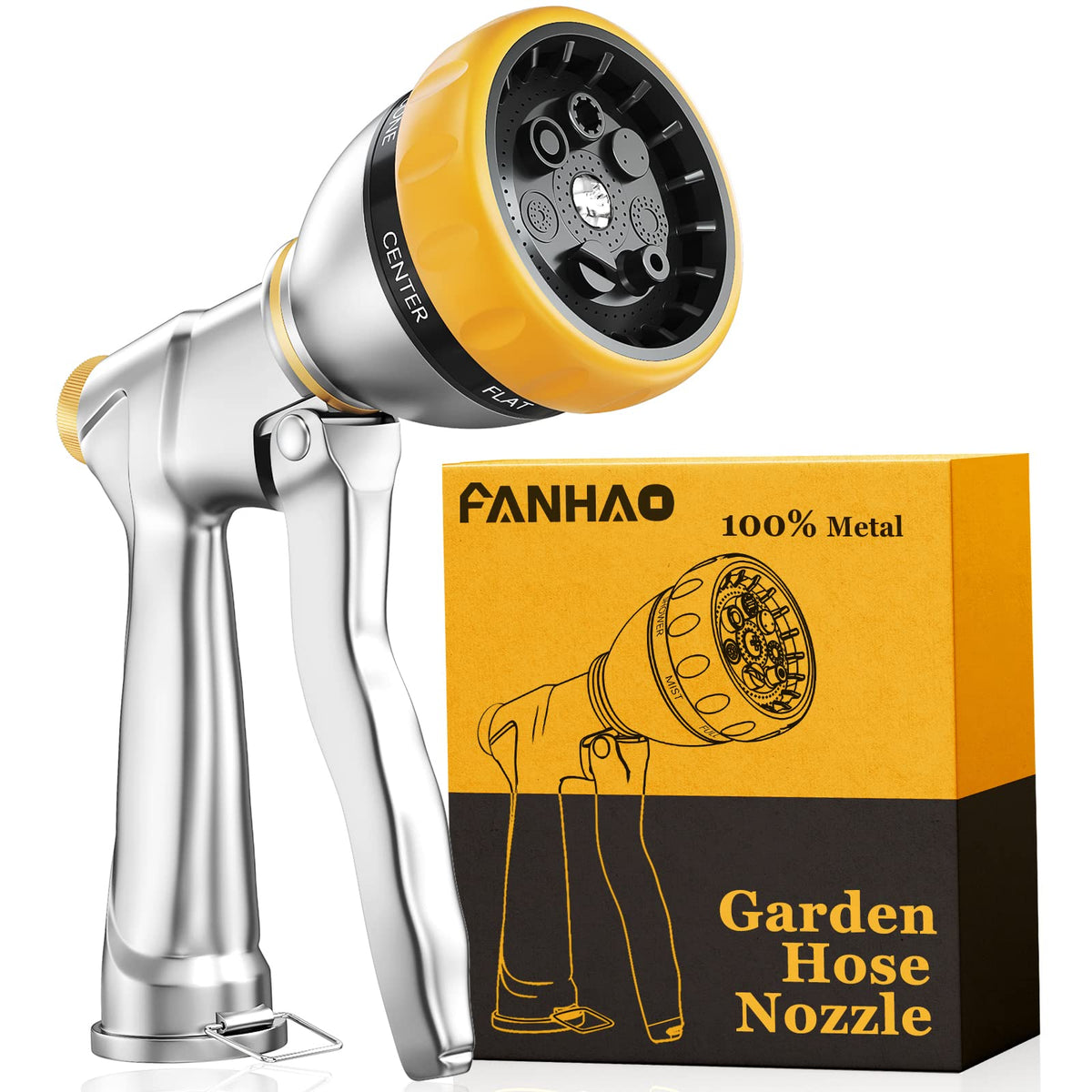 FANHAO garden hose nozzle front view highlights durable metal construction.