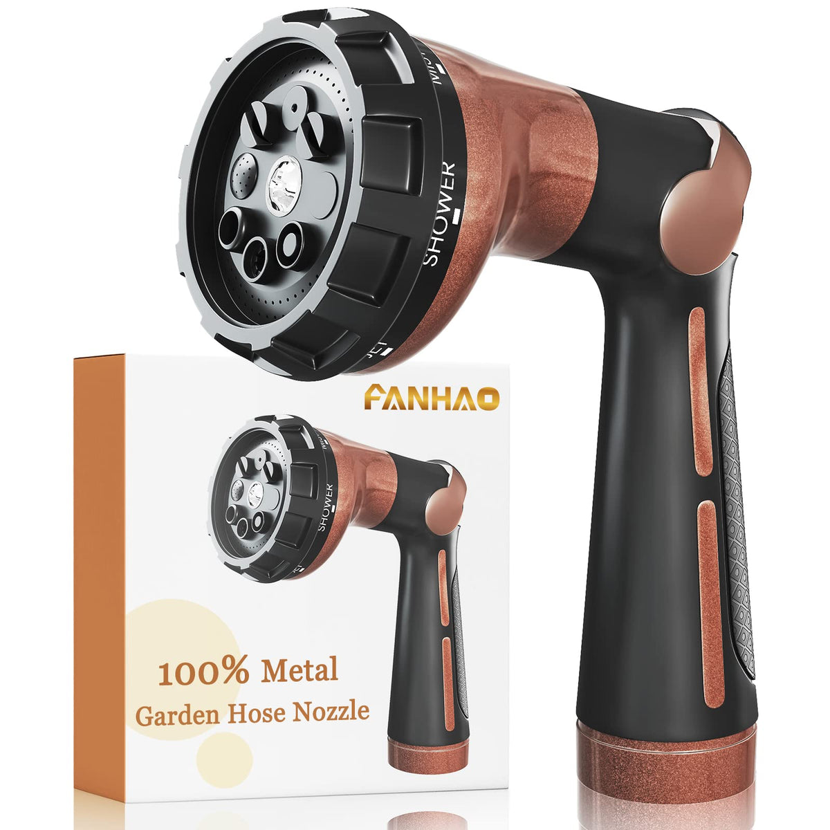 FANHAO garden hose nozzle with metal body and baked enamel finish resists rust.