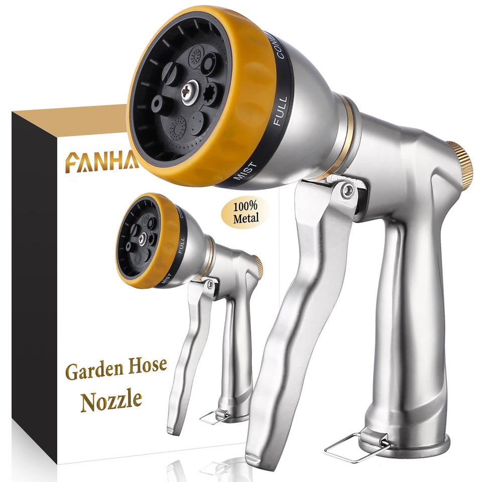 FANHAO garden hose nozzle shows durable metal construction for long-lasting outdoor use.