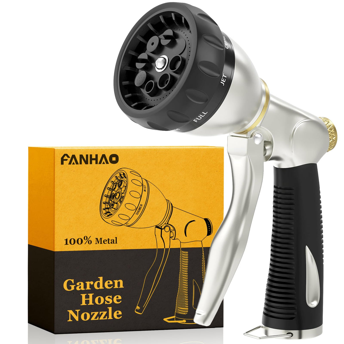 FANHAO heavy-duty garden hose nozzle with 8 patterns for versatile watering