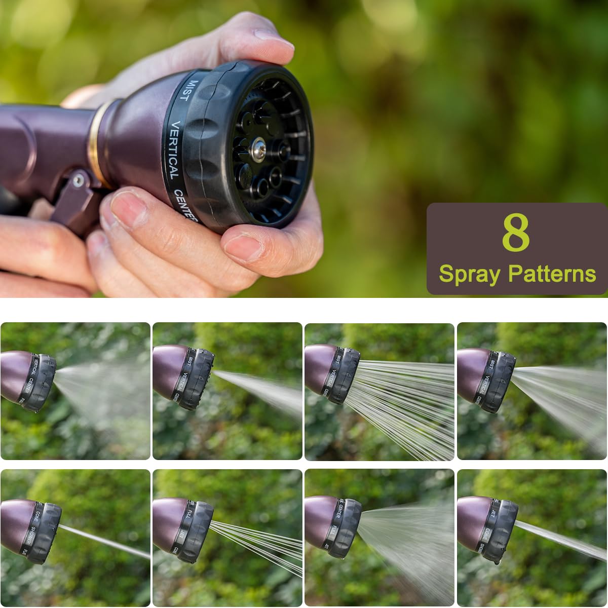 Eight spray patterns on FANHAO nozzle for versatile garden tasks.
