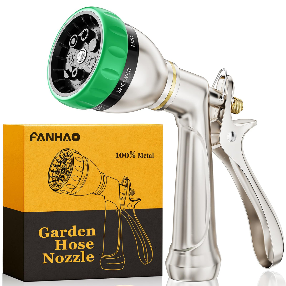 FANHAO heavy-duty garden hose nozzle front view shows durable metal build for reliable watering