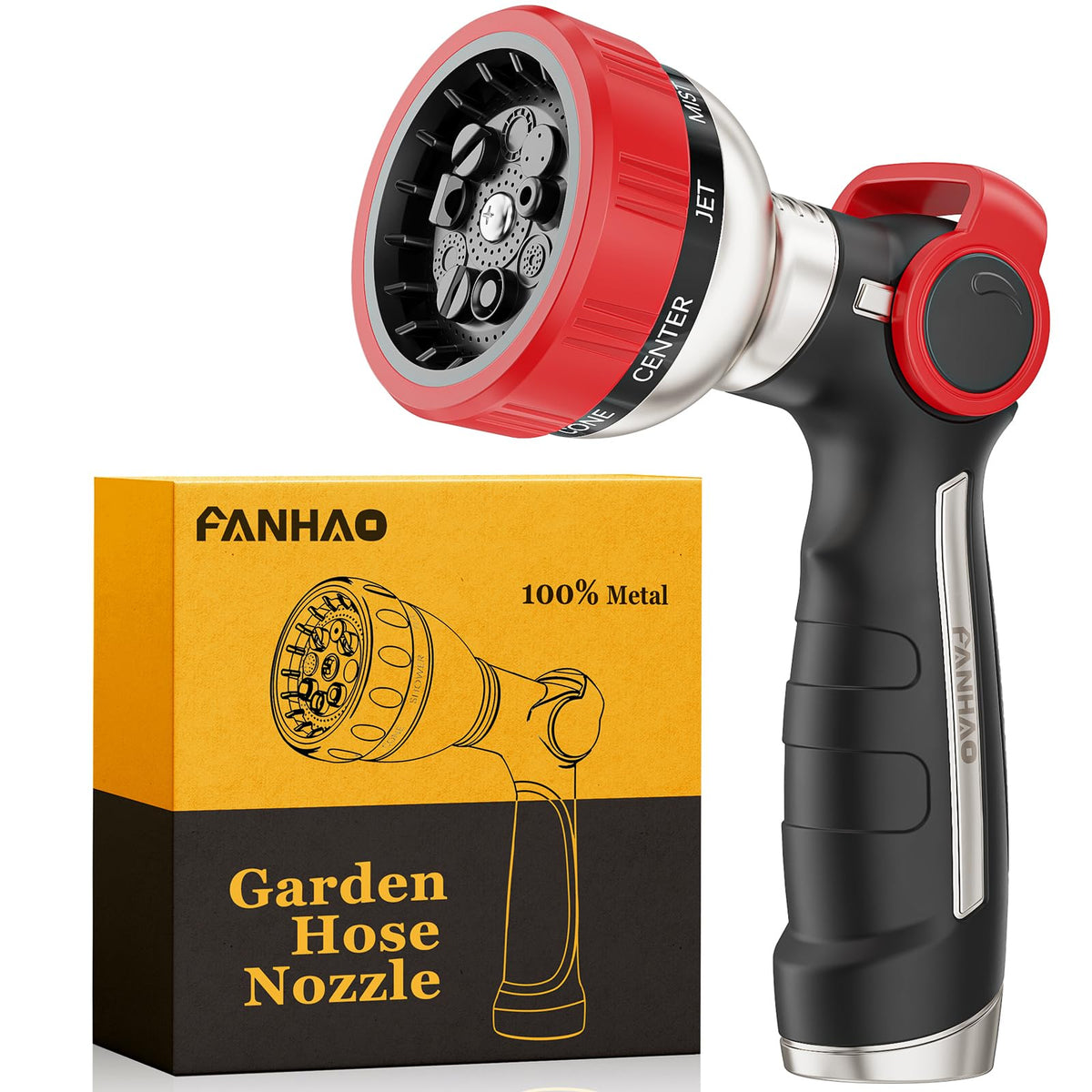 FANHAO heavy-duty garden hose nozzle with thumb control for easy one-finger operation