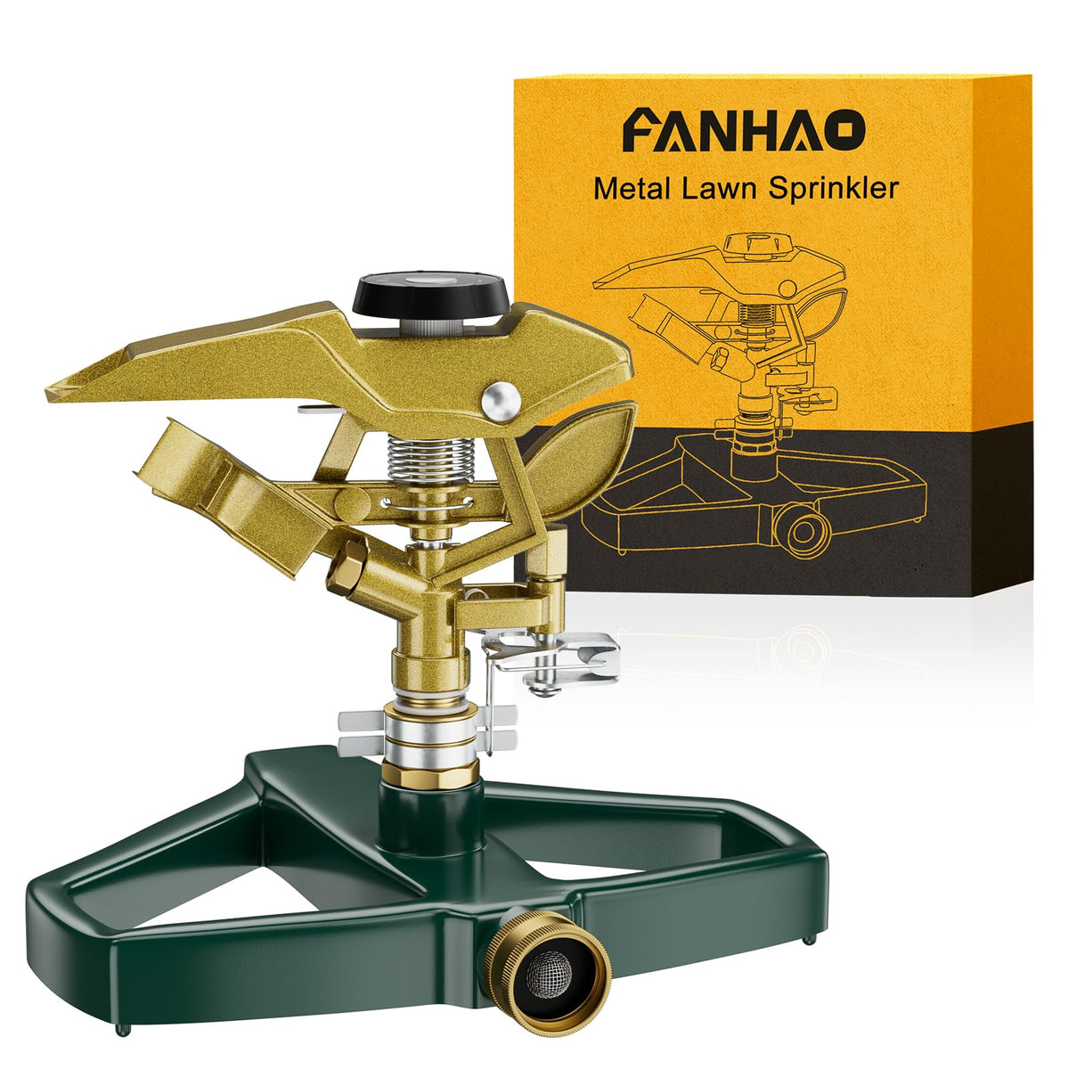 FANHAO metal-base pulsating sprinkler delivers durable coverage for large lawns.