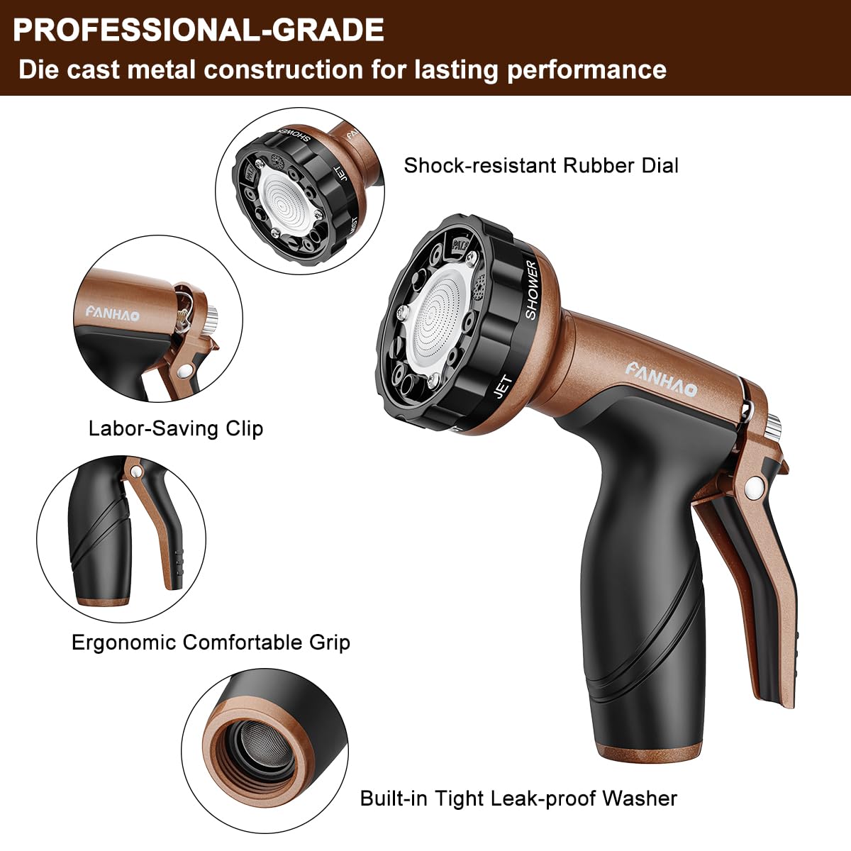 FANHAO nozzle shows six patterns for versatile outdoor watering