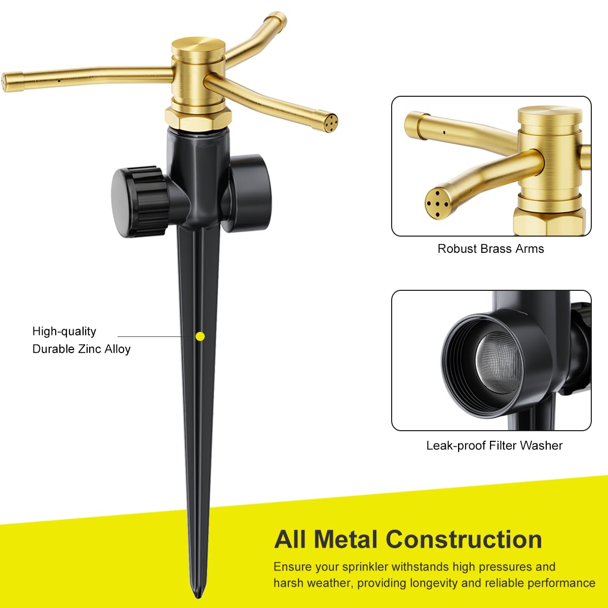 FANHAO metal spike base keeps sprinkler steady in soil.