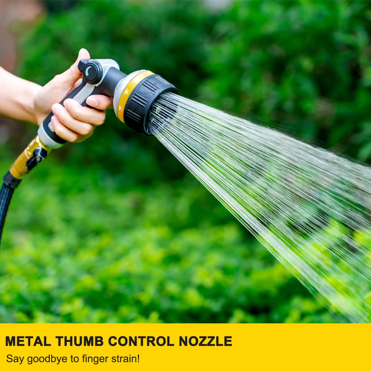 FANHAO nozzle with thumb-control for easy one-finger watering.