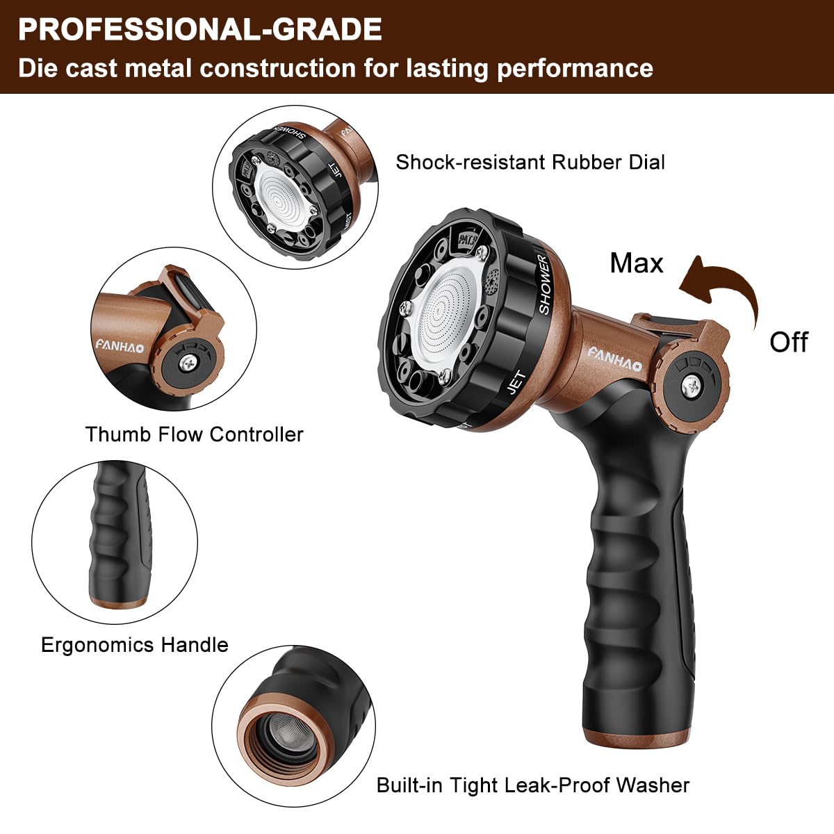 FANHAO thumb control enables easy flow adjustment without squeezing.