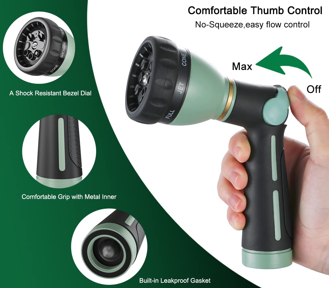 Thumb-controlled on/off valve enables effortless water control during yard tasks.