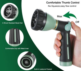 Thumb-controlled on/off valve enables effortless water control during yard tasks.