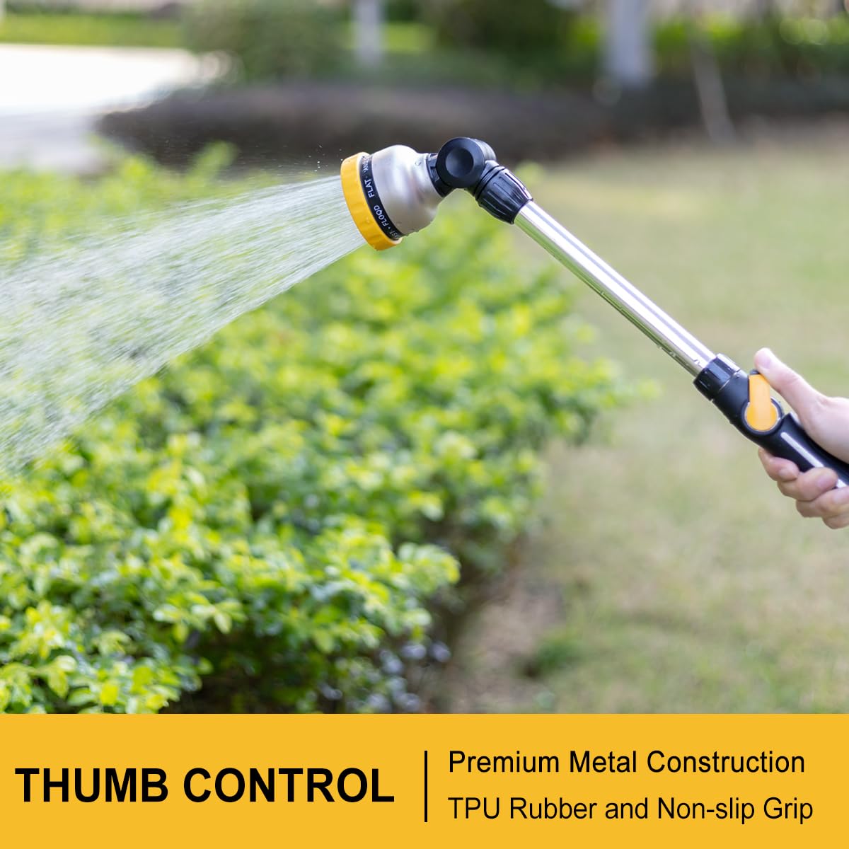 FANHAO 16-inch metal hose wand with ergonomic non-slip grip for comfortable watering.