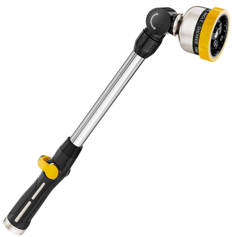FANHAO 16-inch metal watering wand shows nine spray patterns for versatile watering.