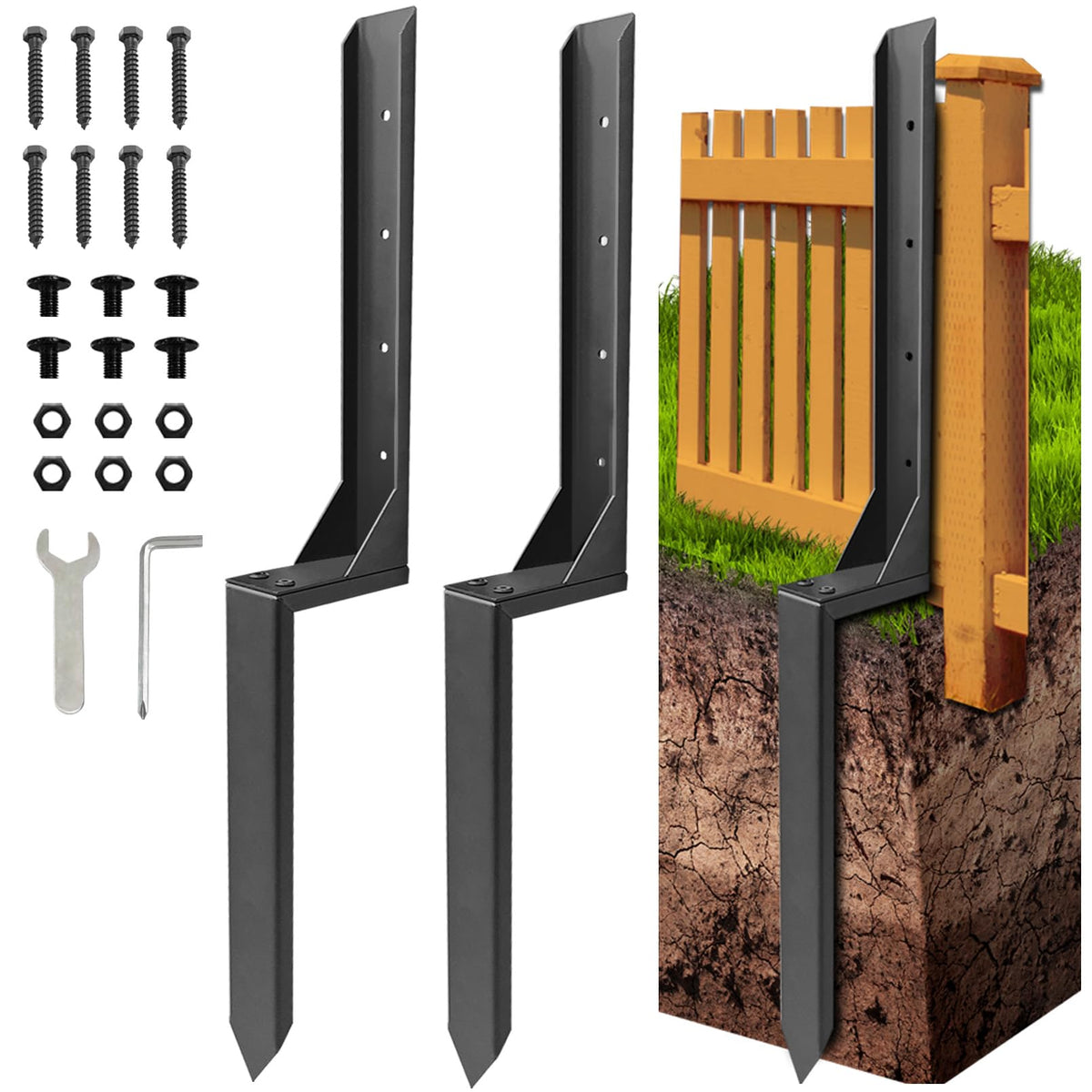 Fanmoss fence post repair kit 32in stake stabilizes leaning posts in outdoor spaces.