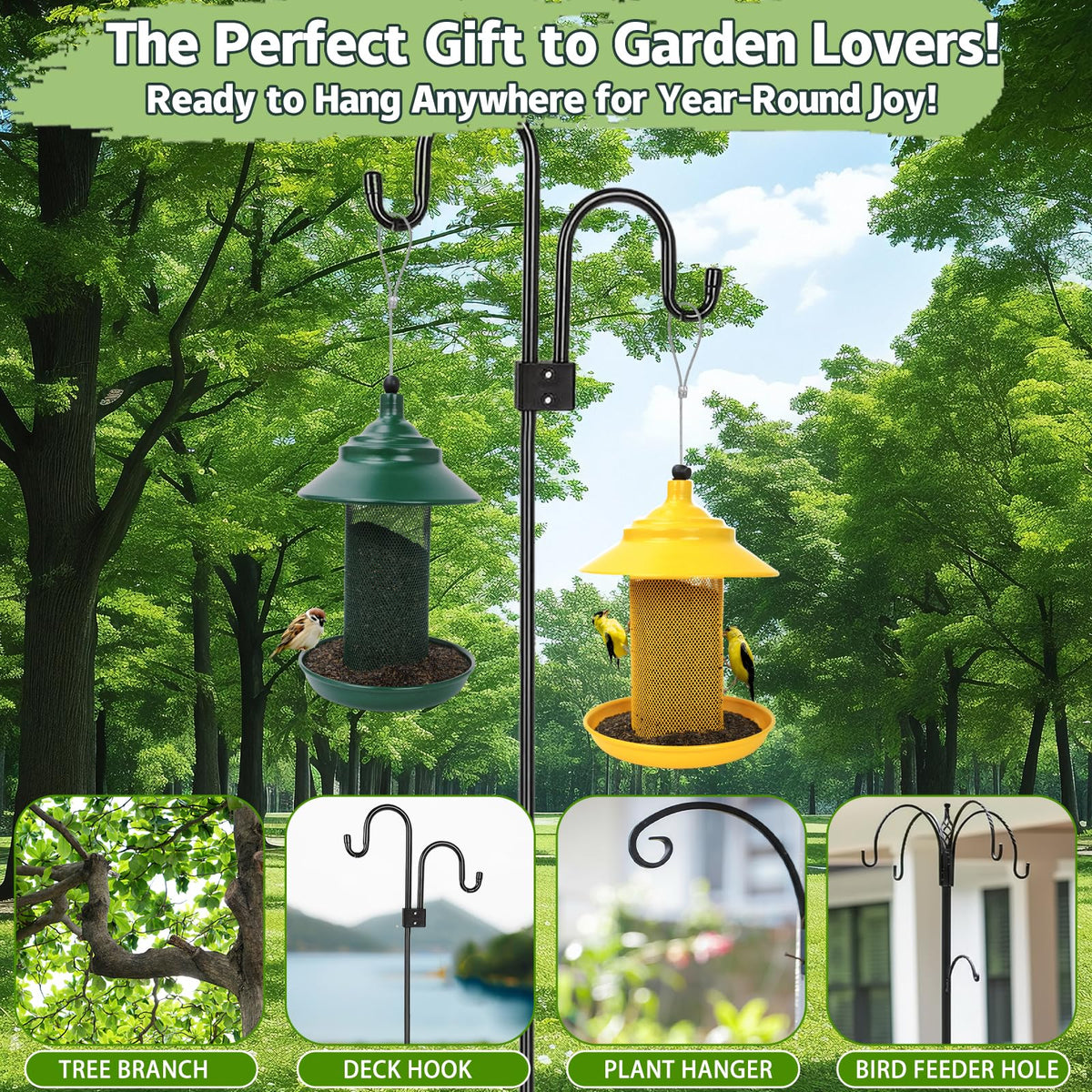 Fanosy all-weather finch feeder protects seeds with a roof and drainage holes.