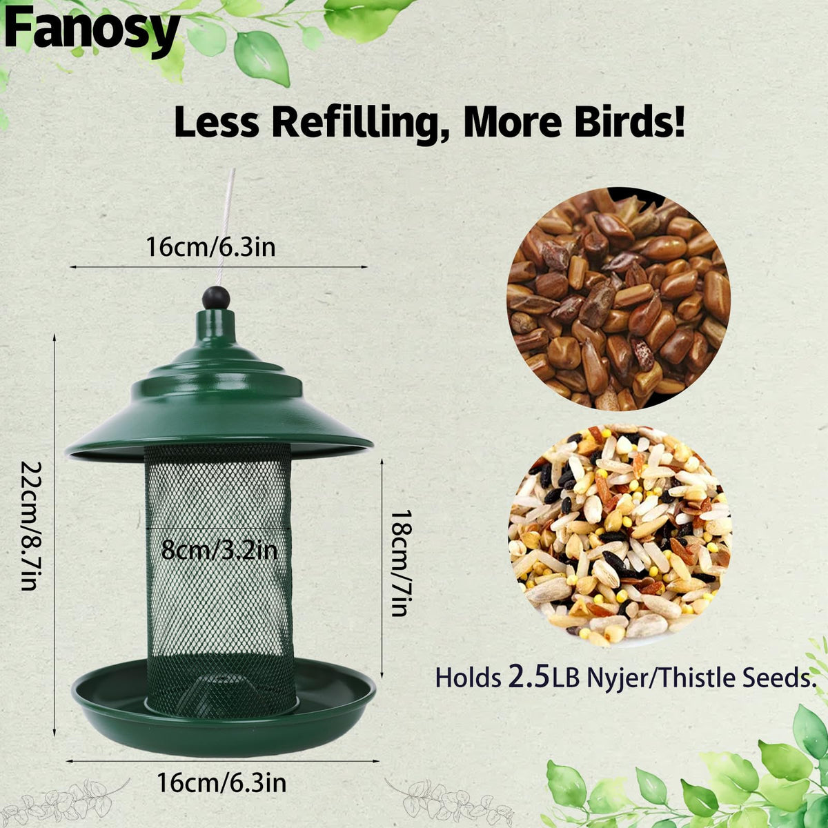 Fanosy Finch Feeder 360-degree feeding access supports multiple birds.