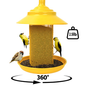 Fanosy squirrel-proof design in metal mesh keeps nyjer seed accessible to small birds.