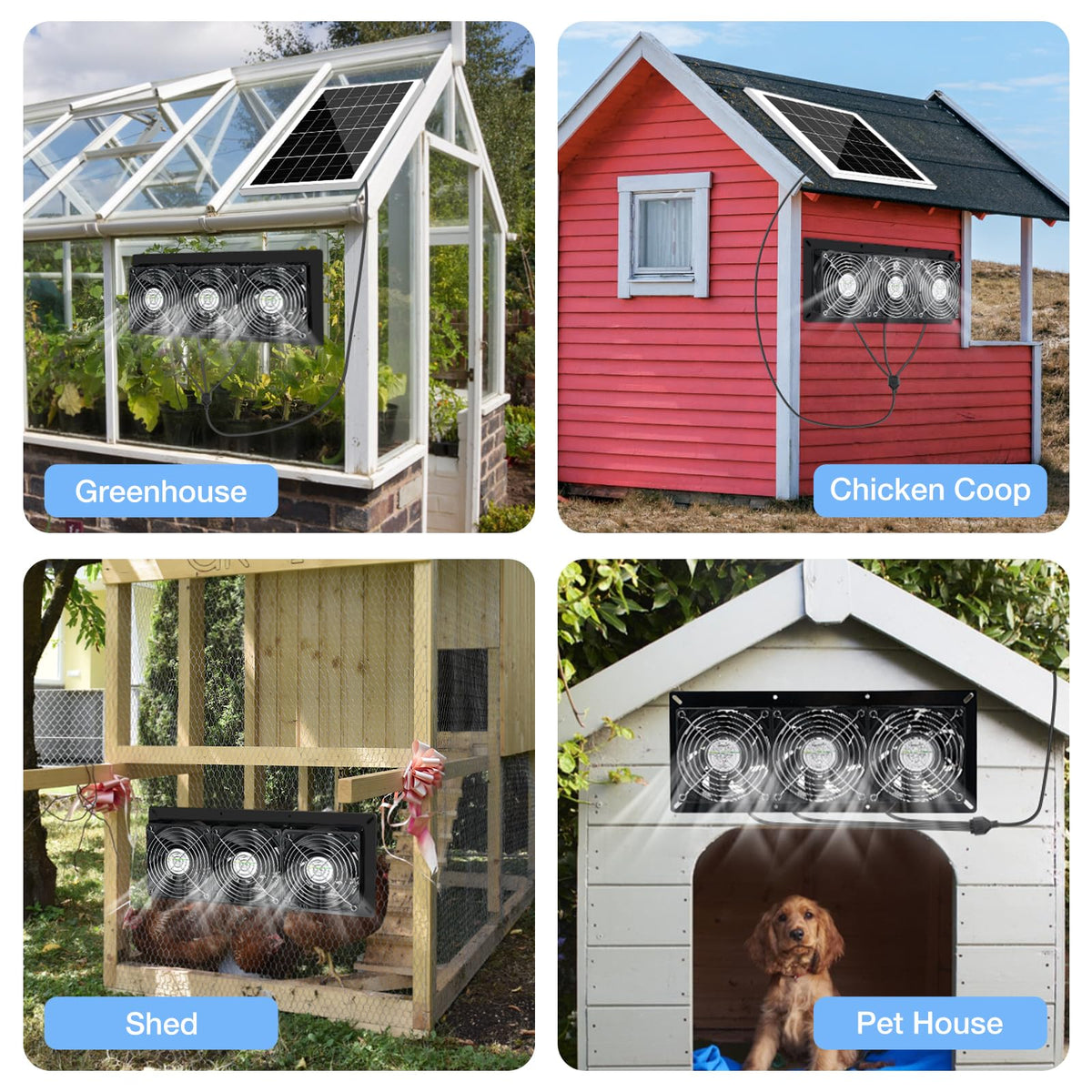 Fanspex Solar 3 Fan Kit outdoor two-way circulation enables intake or exhaust.