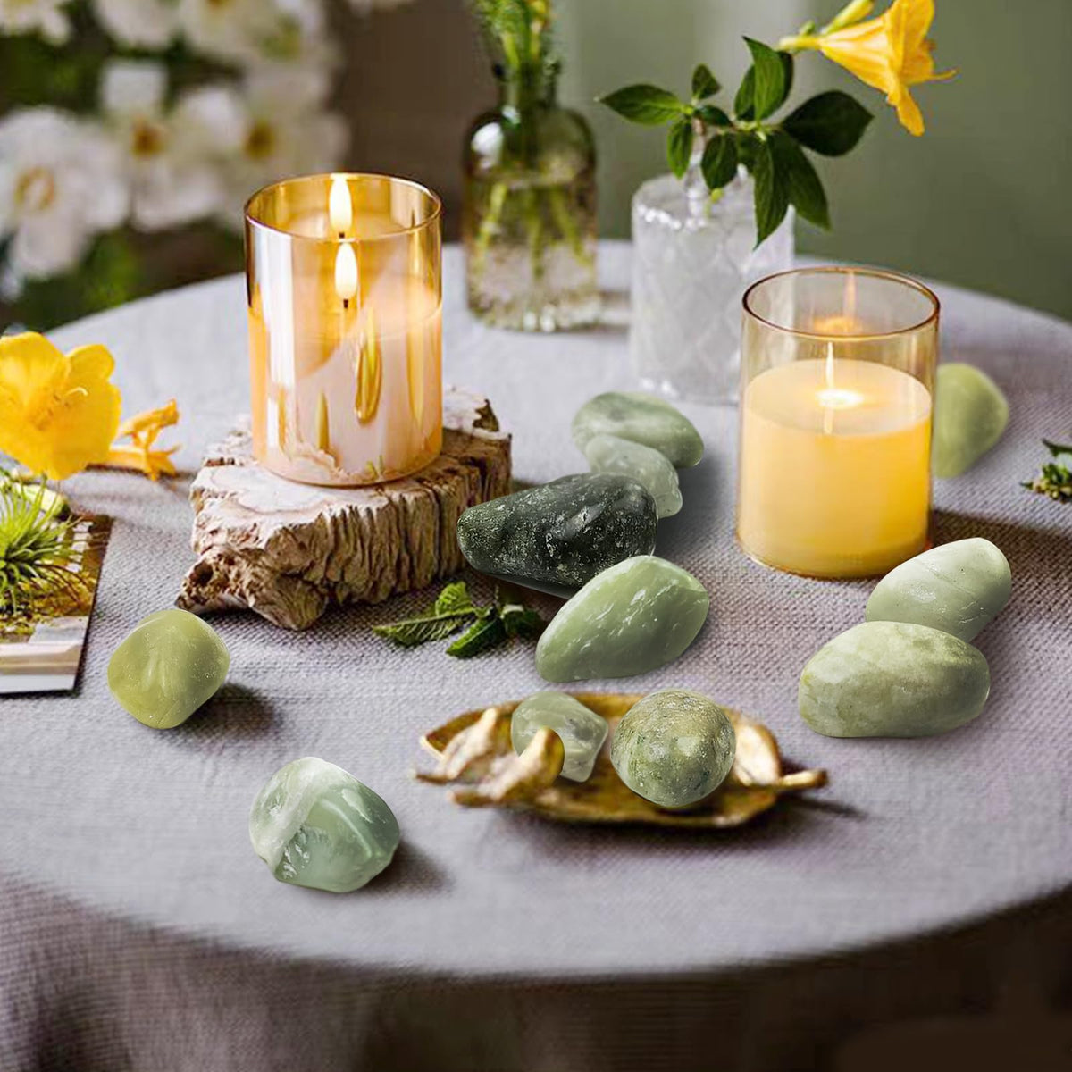 FANTIAN Jade pebbles in a candle holder for ambient decor.