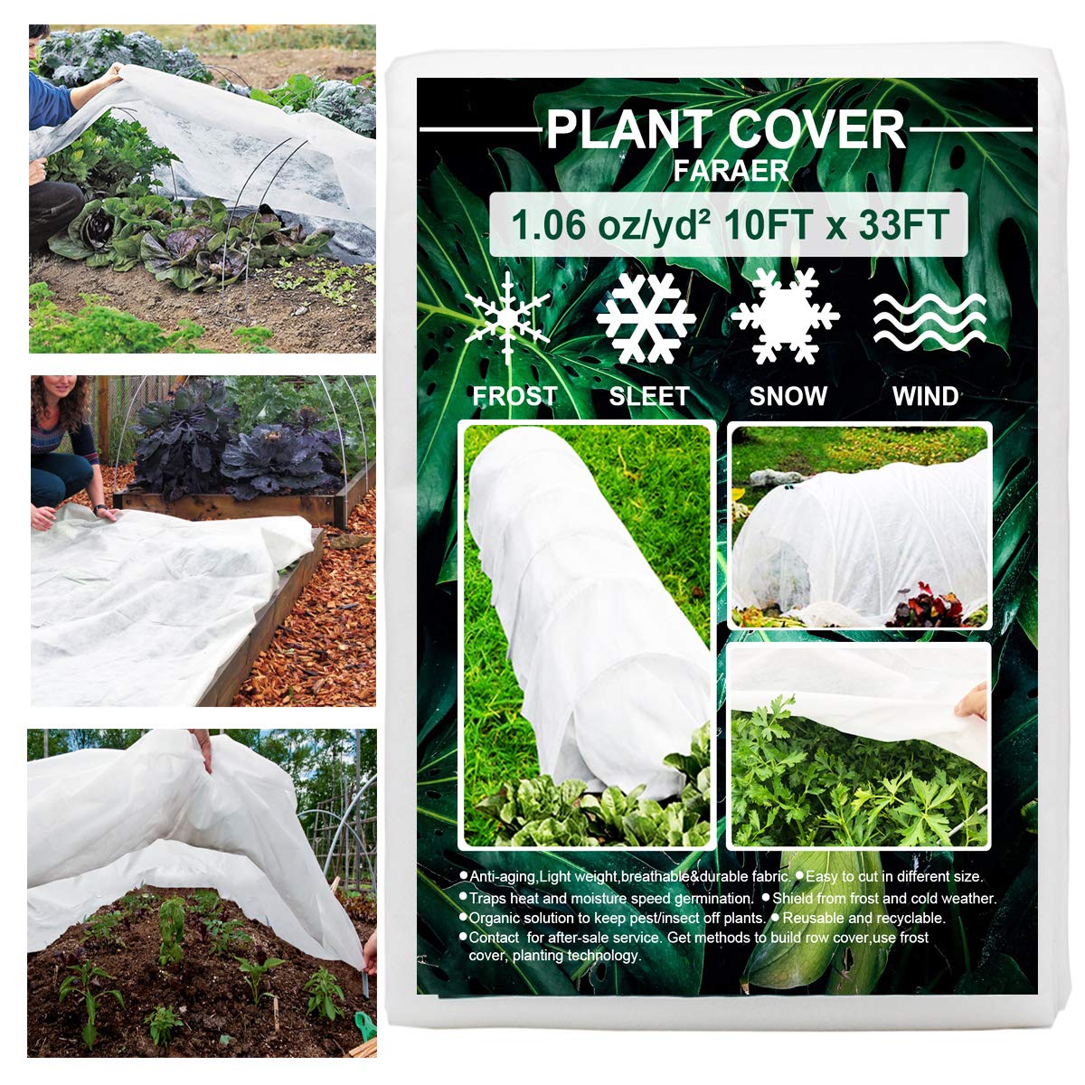 FARAER plant cover for frost protection on 10x33 ft beds, keeps warmth in.