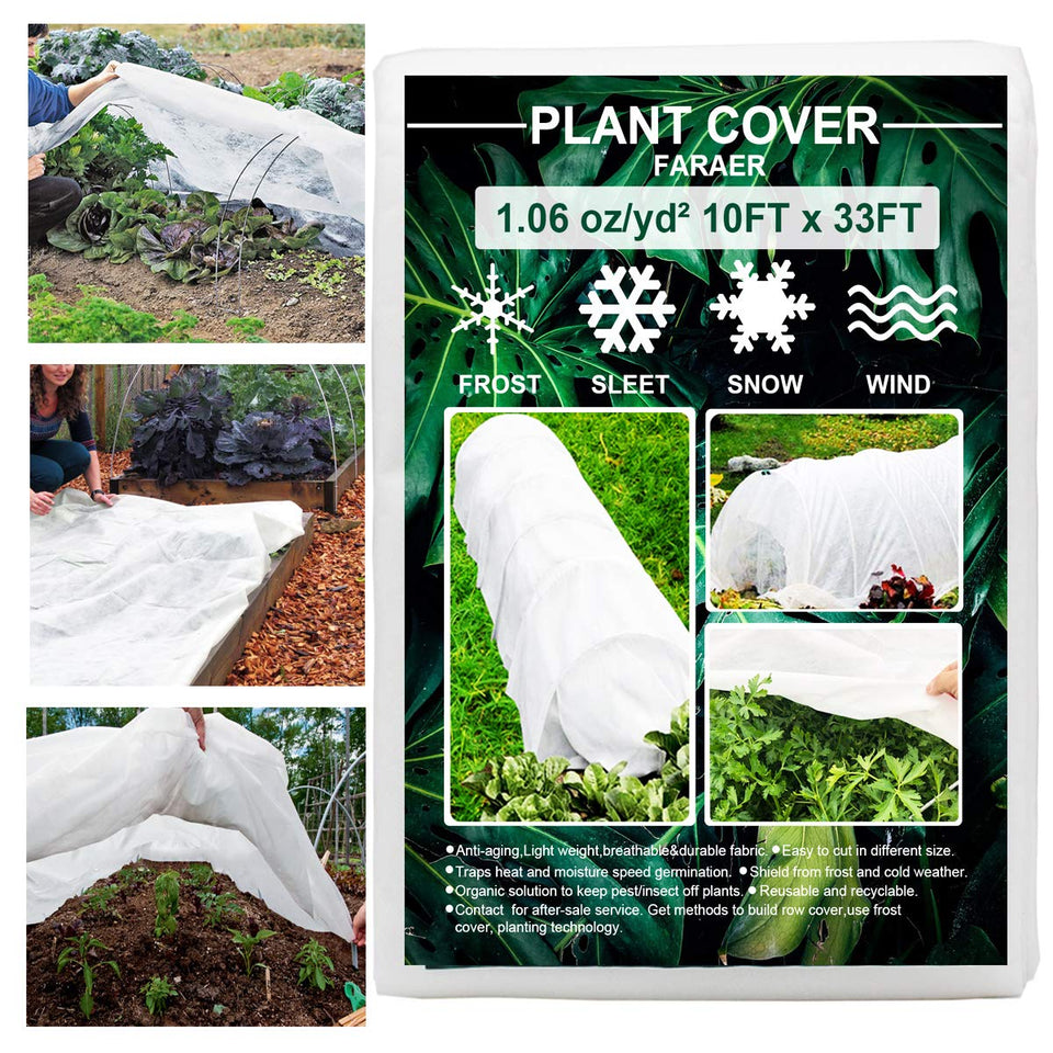 FARAER plant cover for frost protection on 10x33 ft beds, keeps warmth in.
