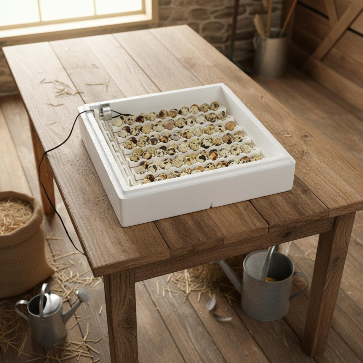 Farm Innovators quail egg cups closeup showing compact 20-egg spacing