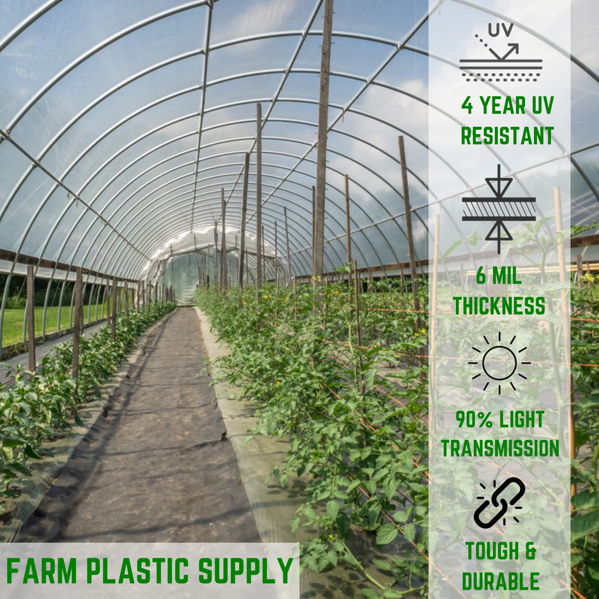 Farm Plastic Supply UV-stabilized greenhouse film resists sun exposure for longer life.