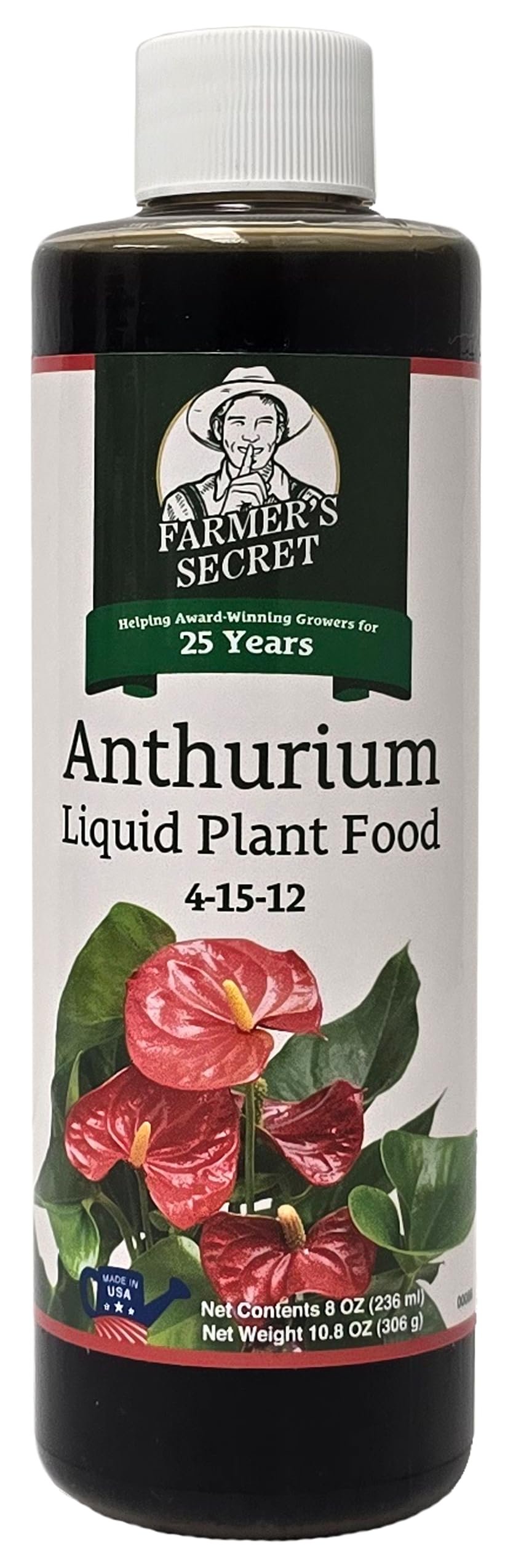 Farmers Secret anthurium liquid fertilizer bottle boosts growth when watered weekly.