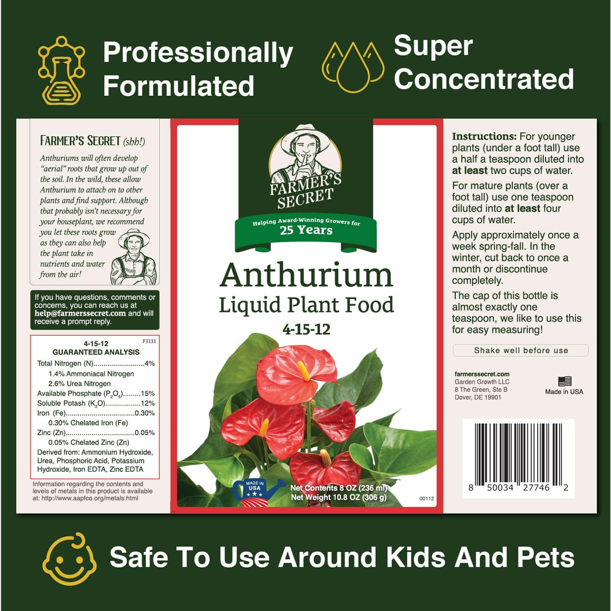Farmers Secret anthurium liquid fertilizer bottle ready for dilution to feed younger plants.