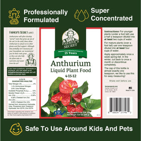 Farmers Secret anthurium liquid fertilizer bottle ready for dilution to feed younger plants.