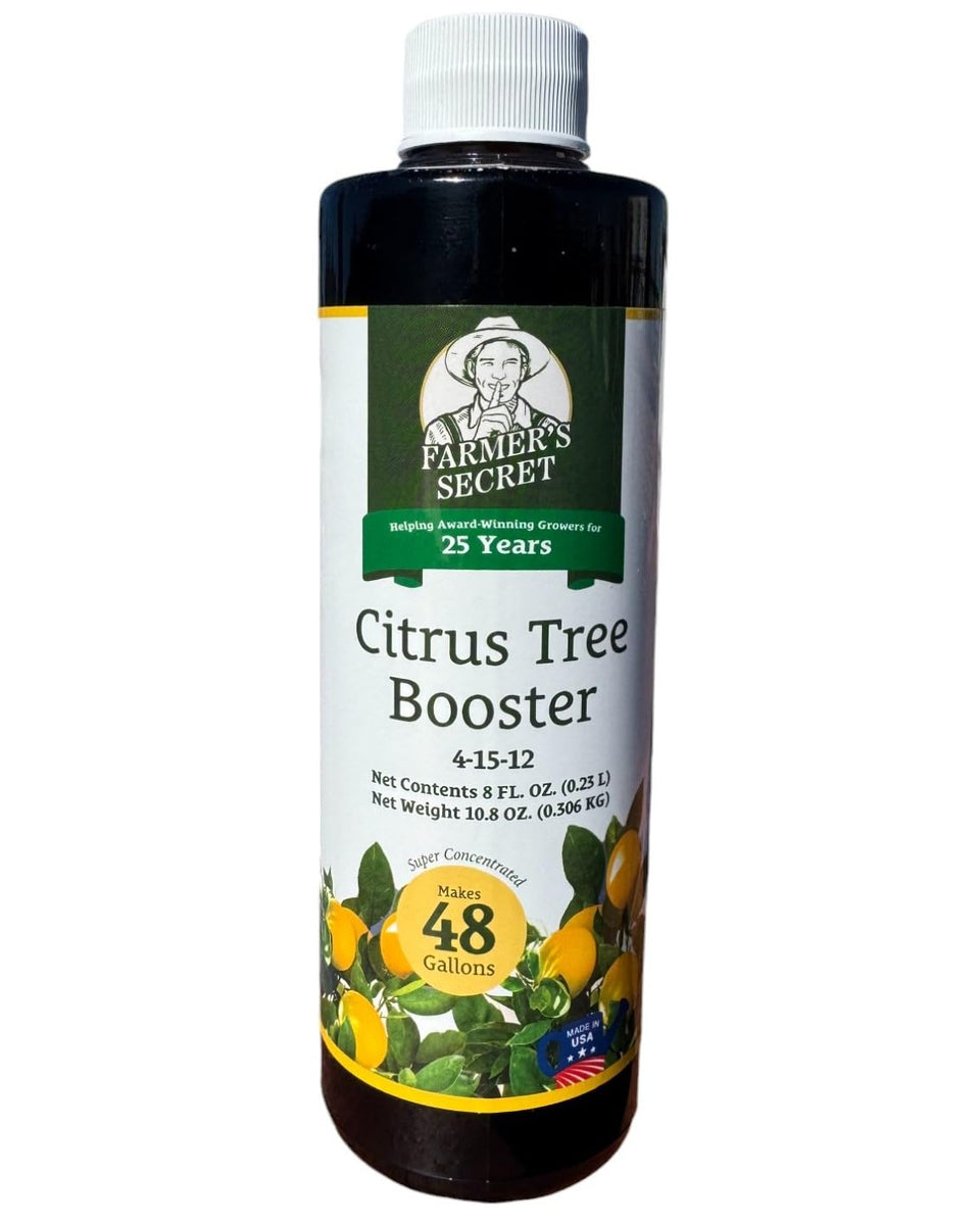 Farmer's Secret Citrus Tree Booster bottle boosts growth for citrus trees.