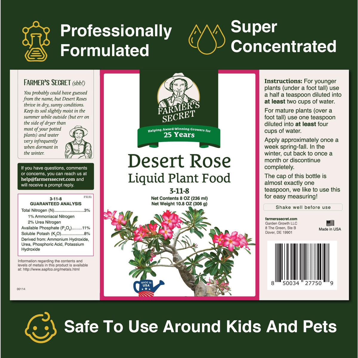 Farmer's Secret Desert Rose Liquid dilution step showing mixing for weekly watering