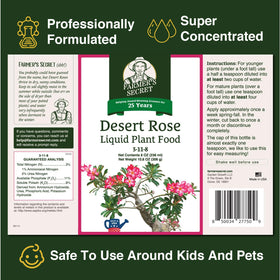 Farmer's Secret Desert Rose Liquid dilution step showing mixing for weekly watering