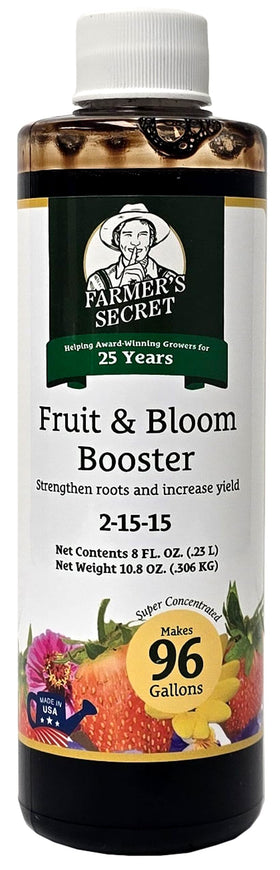 Farmer’s Secret fruit and bloom booster bottle ready for use to promote fuller blooms