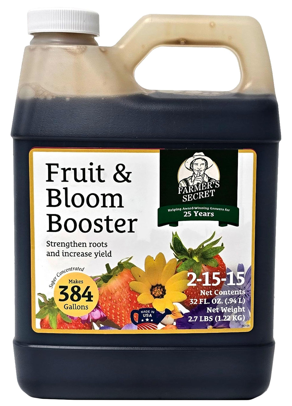 Farmer's Secret Fruit & Bloom Booster bottle pour enables easy watering-based application for flowering plants