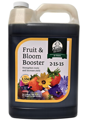 Farmer's Secret Fruit & Bloom Booster bottle shown to boost blooms and fruit.