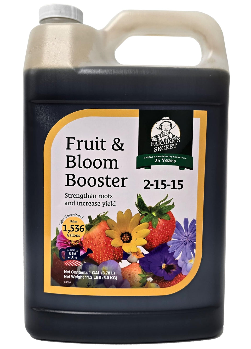 Farmer's Secret Fruit & Bloom Booster bottle shown to boost blooms and fruit.