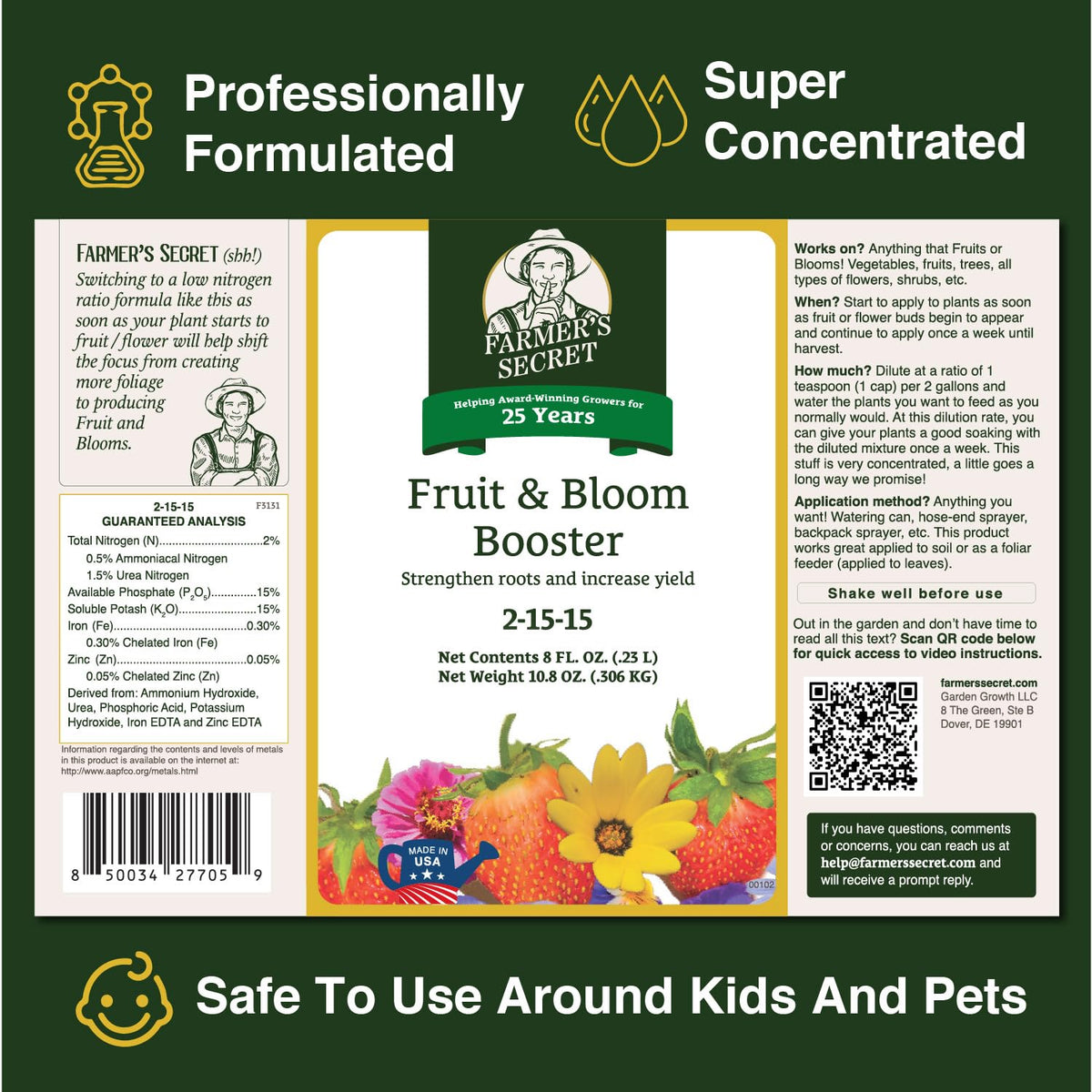 Dilution step for Farmer’s Secret booster: 1 teaspoon per 2 gallons of water for easy application
