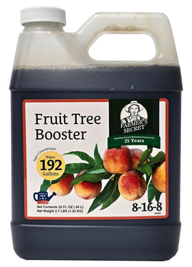 Farmer's Secret Fruit Tree Booster bottle label with concentrated formula for healthy growth.