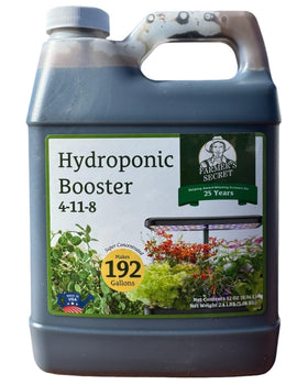 Farmer's Secret hydroponic booster bottle supports stronger yields in home systems.