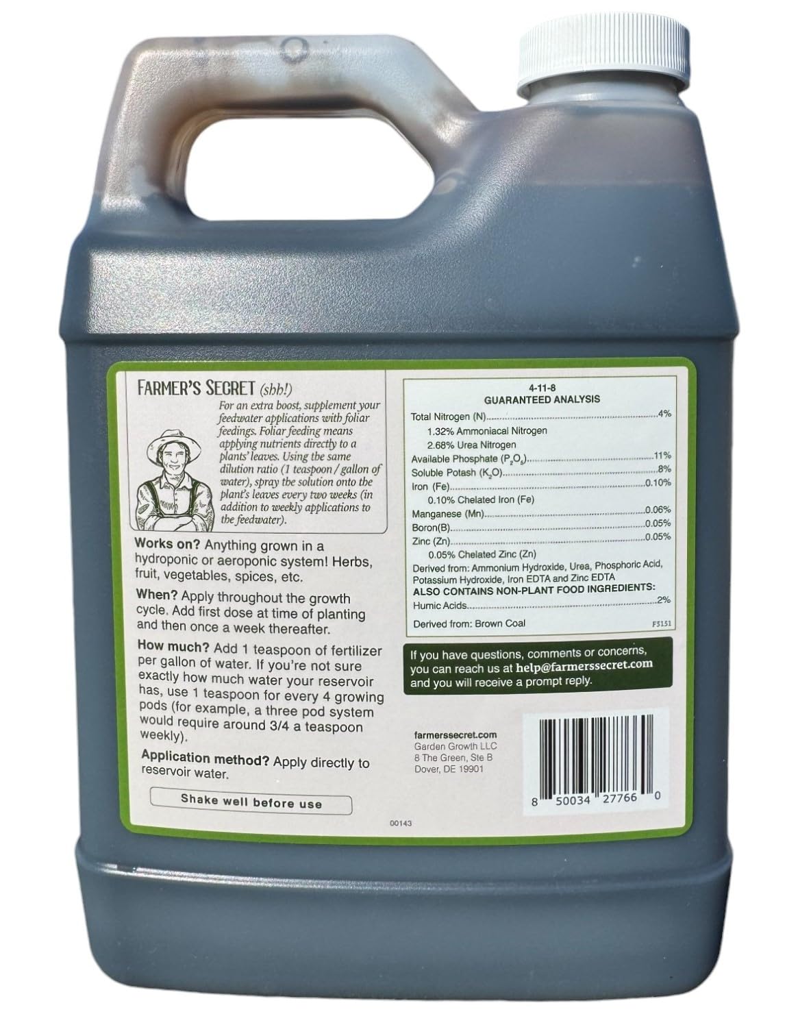 Dilution chart for Farmer's Secret booster shows efficient one-teaspoon-per-gallon mixing.