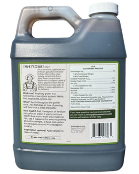 Dilution chart for Farmer's Secret booster shows efficient one-teaspoon-per-gallon mixing.