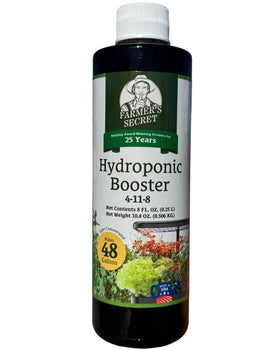 Farmer's Secret hydroponic booster fertilizer bottle for steady nutrient delivery.