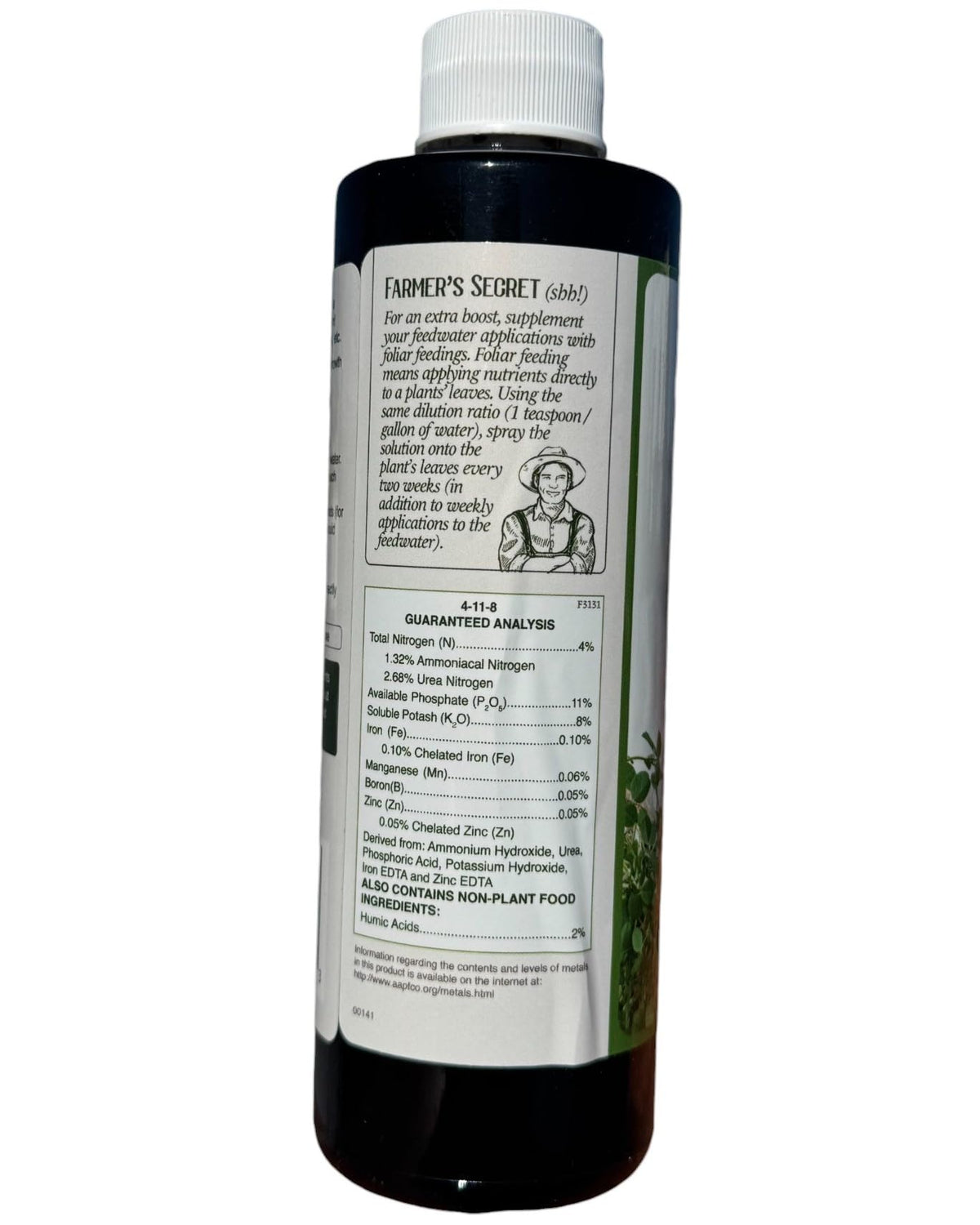 Close-up of the 4-11-8 formula label on Farmer's Secret bottle.