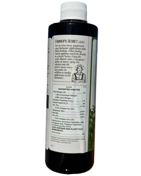 Close-up of the 4-11-8 formula label on Farmer's Secret bottle.